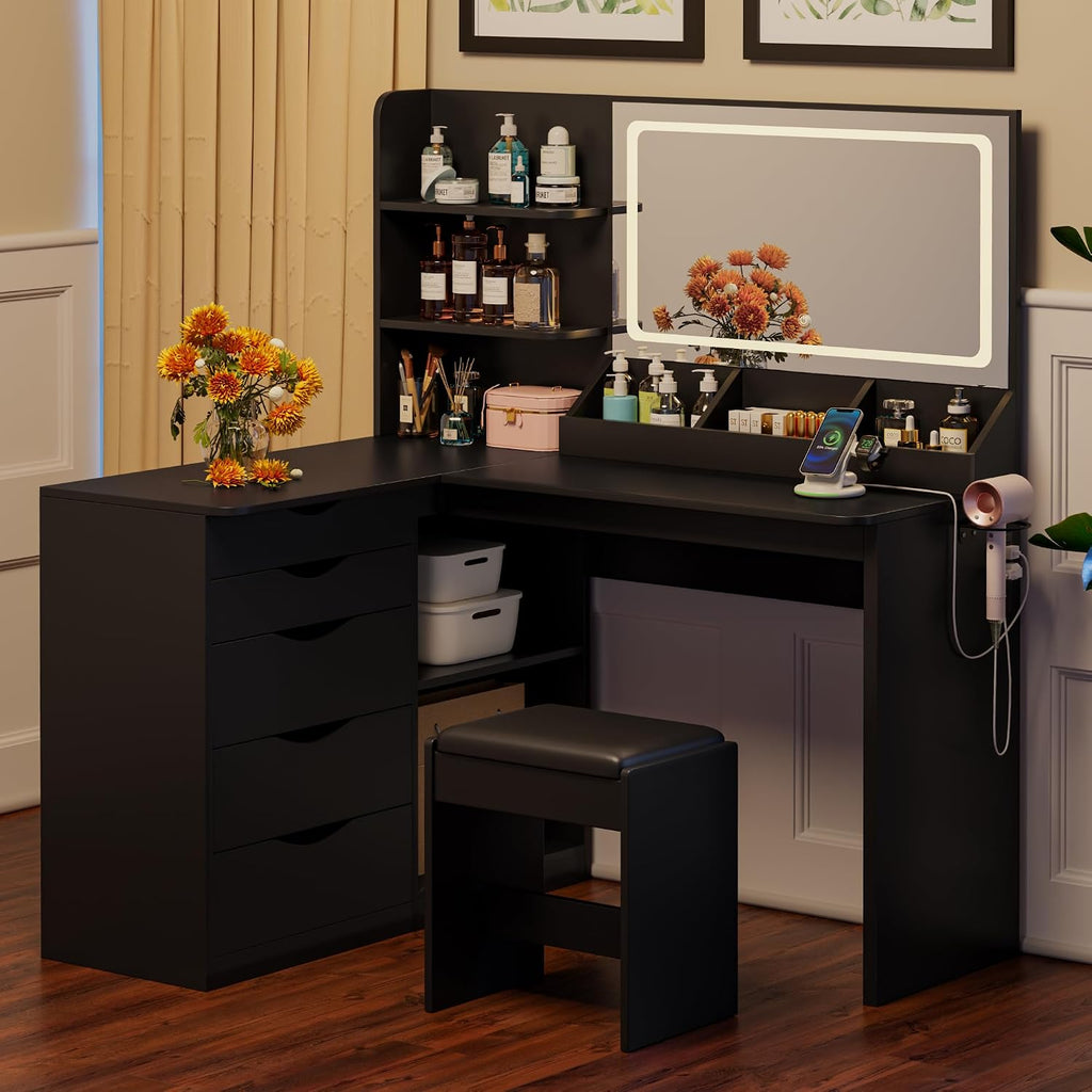 JUMMICO Makeup Vanity Desk with Mirror and Lights, L- Shaped Vanity, Modern Vanity Table with 5 Drawers & Adjustable Shelves, Power Outlet with Fast Charging, for Bedroom (Black)