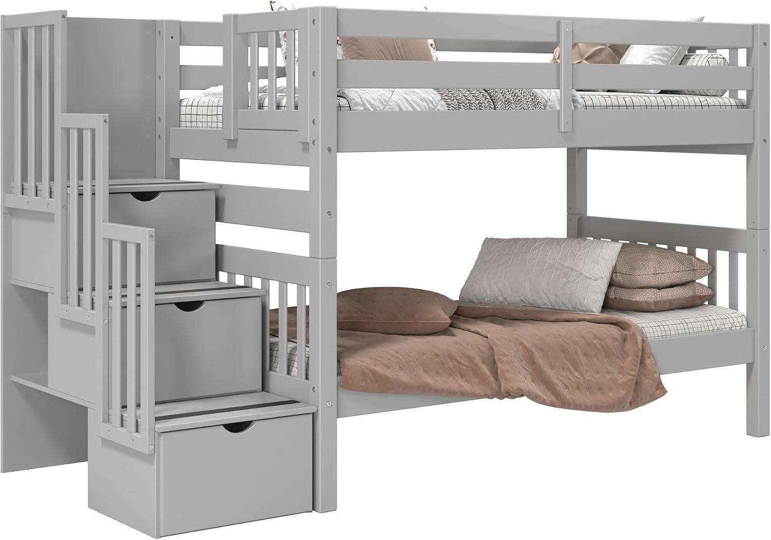 Bedz King Stairway Bunk Beds Twin Over Twin, 3 Step Drawers, Gray