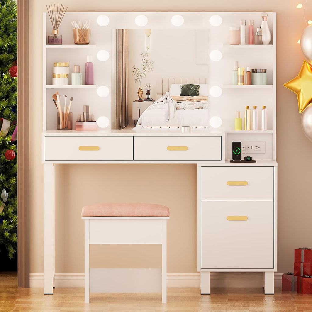 ANWBROAD Makeup Vanity Desk Vanity Set with 10 LED Bulbs Lighted Mirror Makeup Vanity Table Set with Charging Station Nightstand 3 Colors Modes Dimming Cushioned Stool Large Mirror White UBDT53W