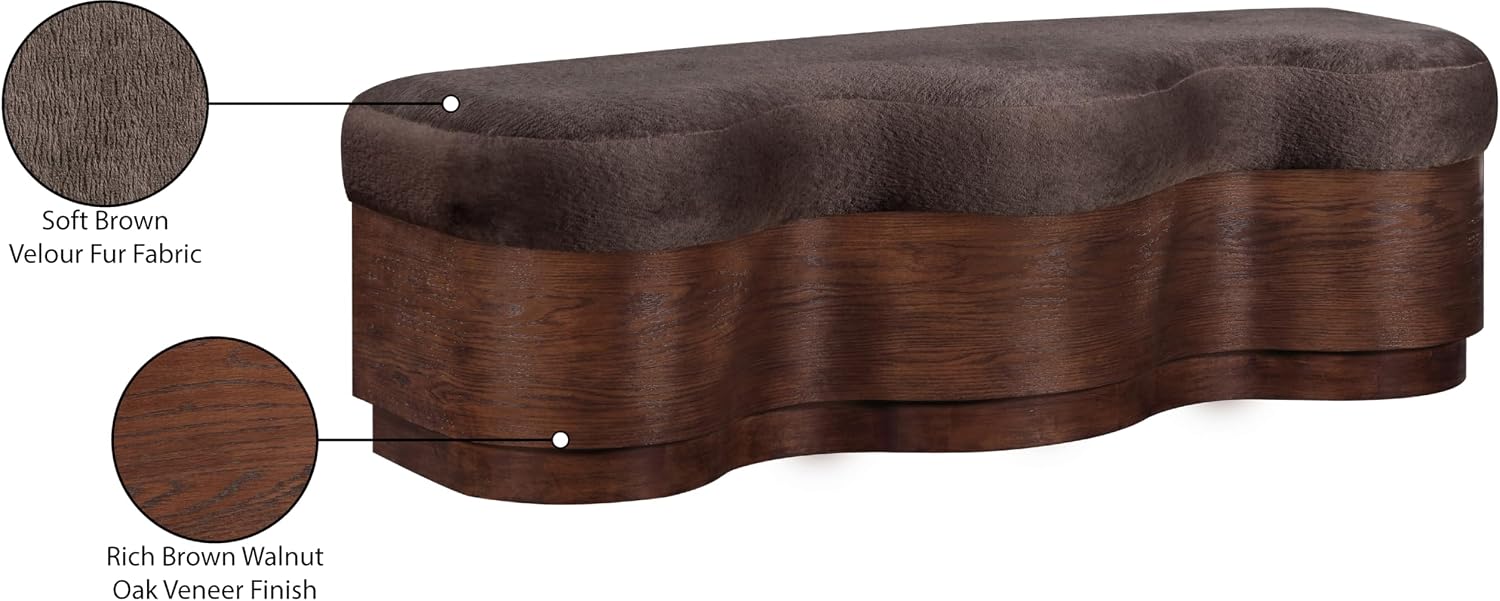 Meridian Furniture 22082Brown Savoy Collection Art Deco Bench with Soft Brown Velour Fur Fabric, Rich Brown Walnut Finish, Mix of Solid Wood & MDF, 60' W x 18.5' D x 18.5' H, Brown