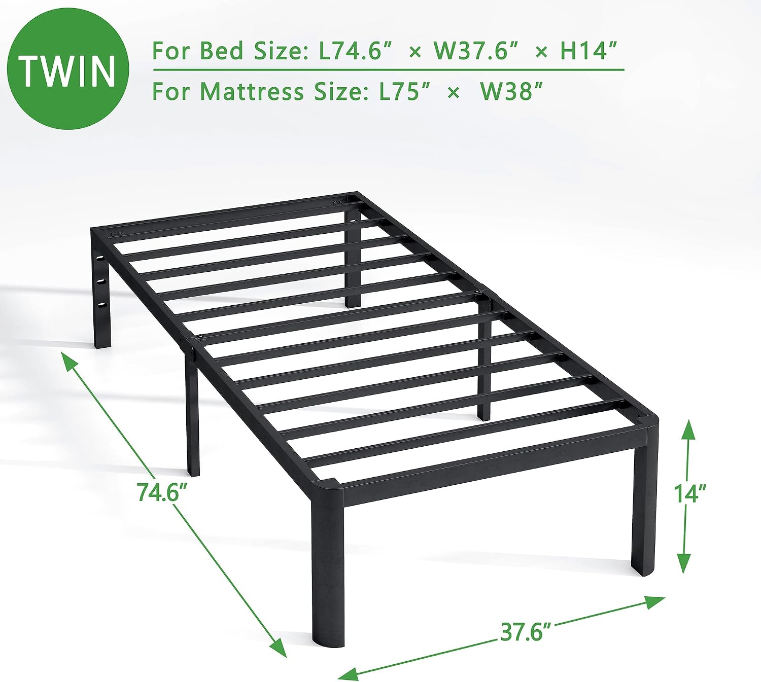 14 Inch Twin Bed Frame with Round Corners, Heavy Duty Metal Platform Bed Frame Twin Size, Noise Free, No Box Spring Needed, Easy Assembly - Sturdy and Elegant, Black