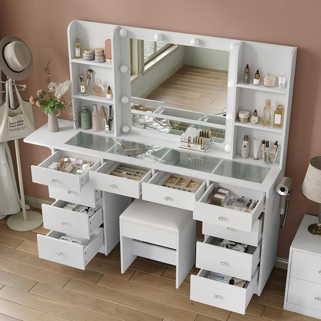 FUSOU Vanity Desk with Power Outlet, 10 Drawers Makeup Vanity with Mirror and Lights, 3 Colors Adjustable, Fold-up Panel, Glass Top Vanity Set for Bedroom