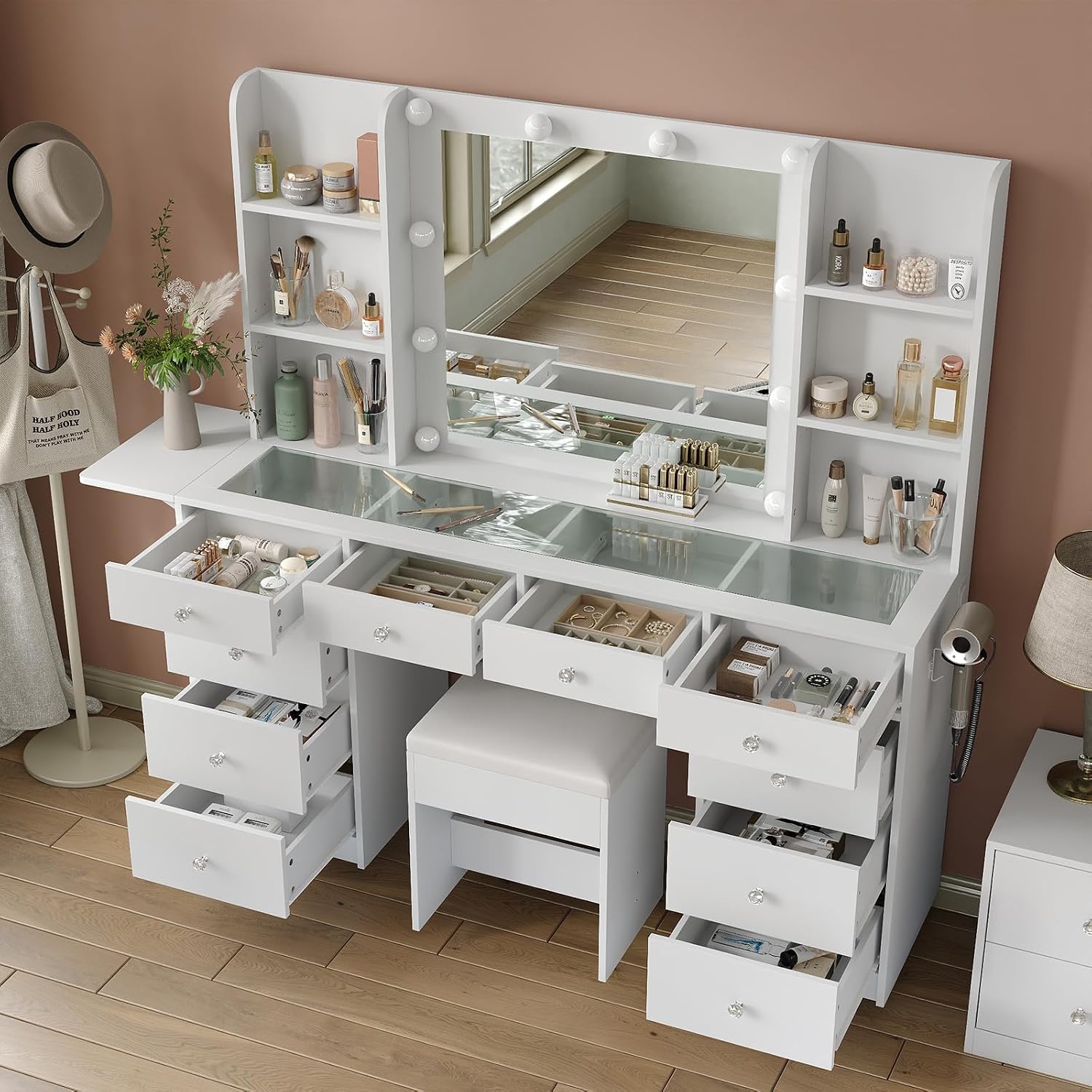 FUSOU Vanity Desk with Power Outlet, 10 Drawers Makeup Vanity with Mirror and Lights, 3 Colors Adjustable, Fold-up Panel, Glass Top Vanity Set for Bedroom