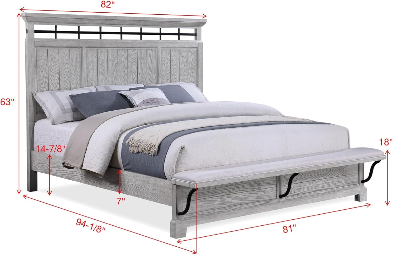3pc Light Gray Finish King Size Panel Built-in Bench Bed Set Bedroom Solid Wood Furniture