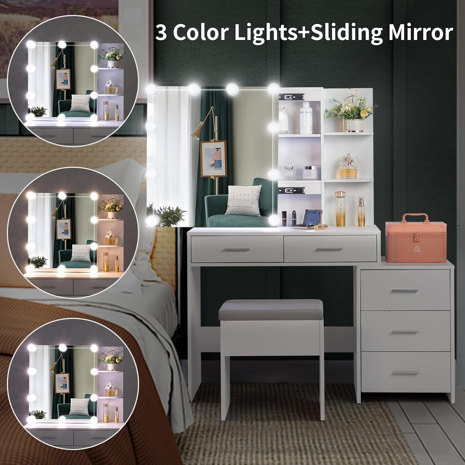 Karl home Vanity Desk with Sliding Mirror and Lights,3 Colour Light Modes,5-Drawer Makeup Vanity with Stool, Makeup Desk Vanity Table for Women, White