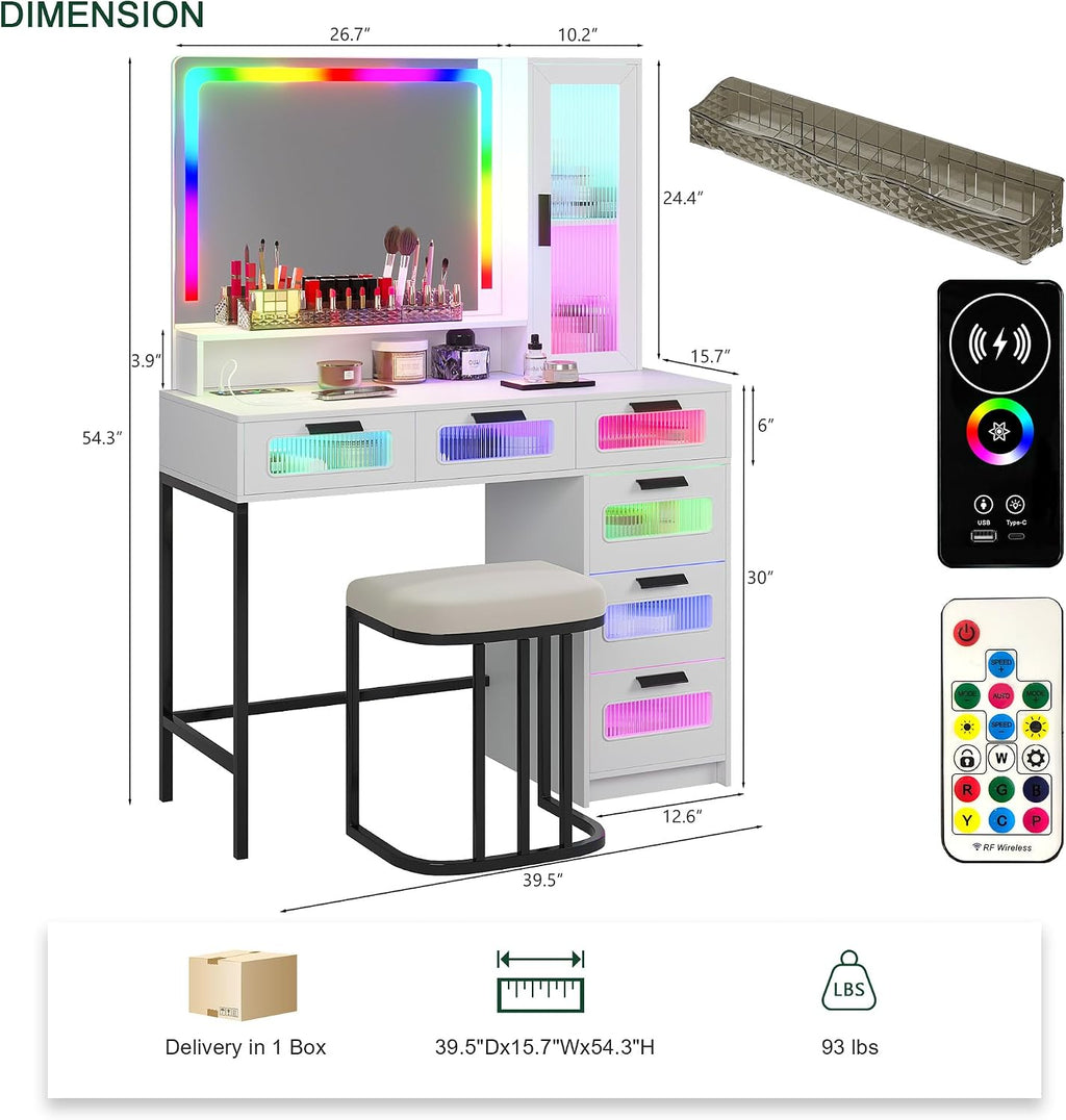 HNEBC RGB Vanity Desk with Mirror and Lights, LED Vanity Makeup Desk with USB/Wireless Charger Station, Vanities Dressing Table Sets with 6 Drawers/Cabins/Stool/Shelves for Bedroom&Cloakroom,White