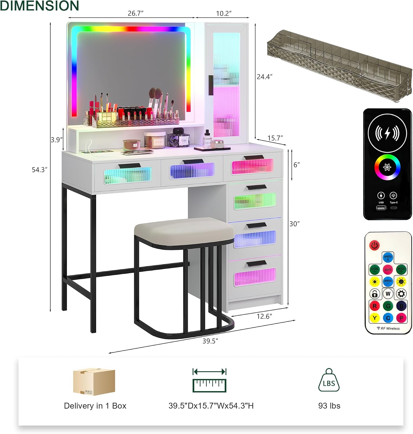 HNEBC RGB Vanity Desk with Mirror and Lights, LED Vanity Makeup Desk with USB/Wireless Charger Station, Vanities Dressing Table Sets with 6 Drawers/Cabins/Stool/Shelves for Bedroom&Cloakroom,White