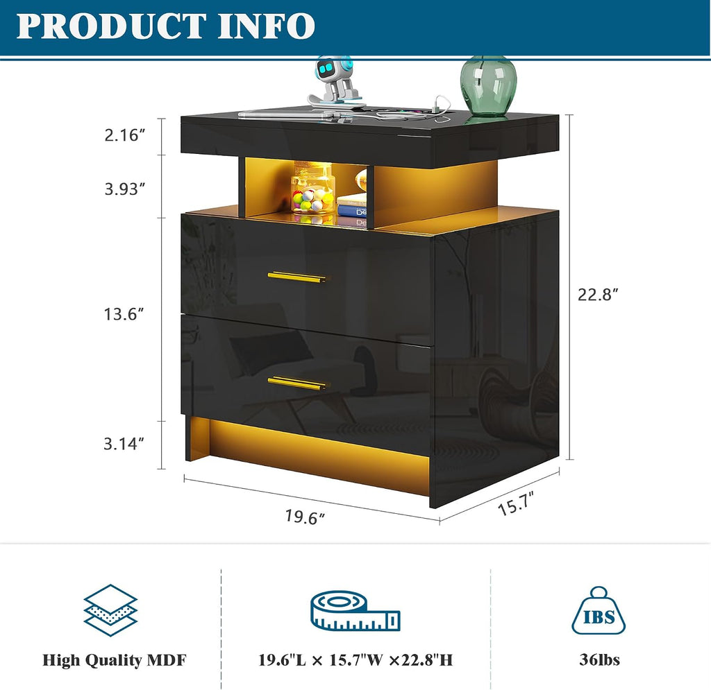 WOOVIVS Night Stand with Light, High Gloss Nightstand with USB/Wireless Charging Station, LED Black Nightstands with Storage Drawers, RGB Side End Table for Bedroom Furniture（Black）