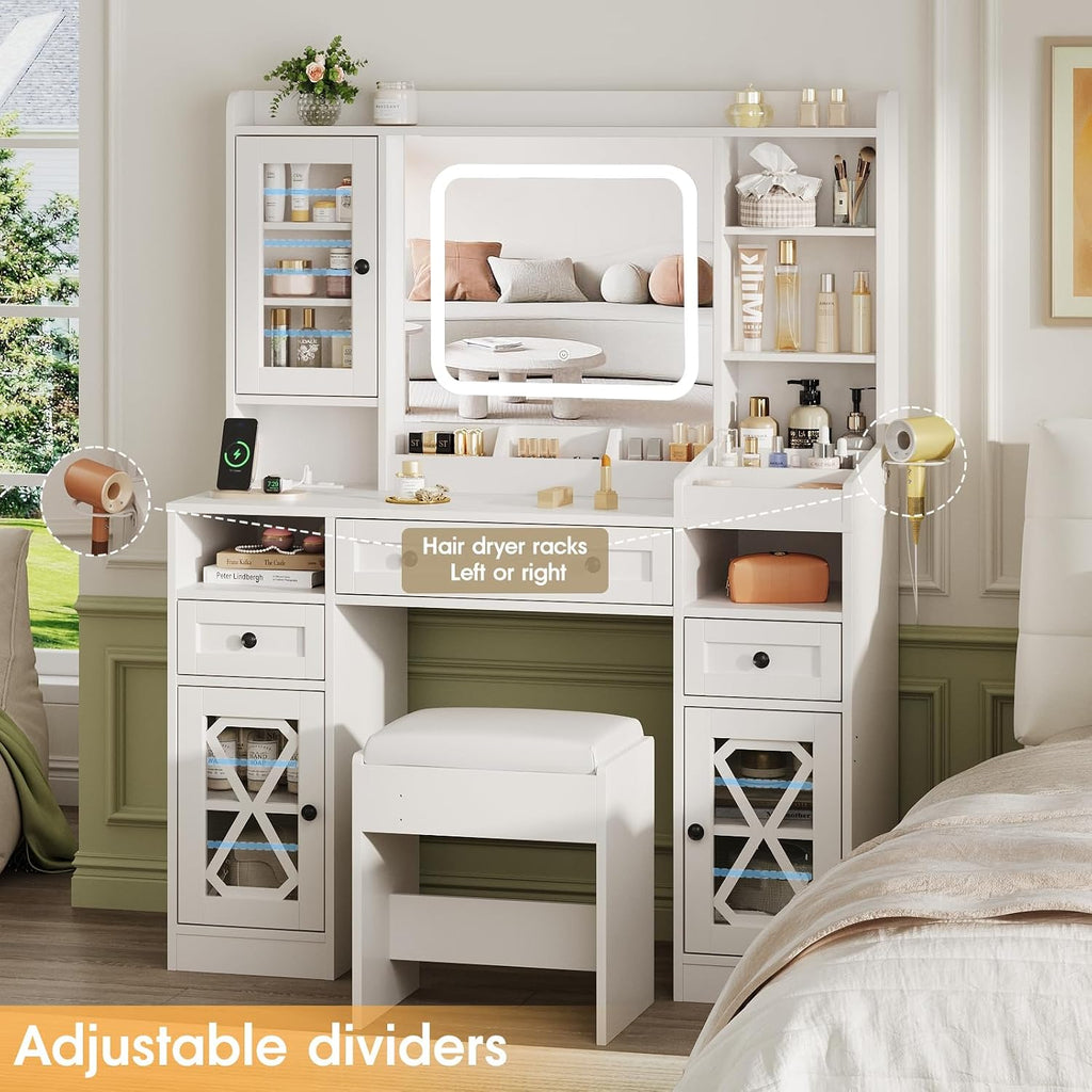 44.5' W Large Vanity Desk with Mirror,Cushioned Stool Makeup Vanity Table Set with Adjustable LED Lights and Power Outlet,Storage Drawers,Shelves for Bedroom Dressing Room White