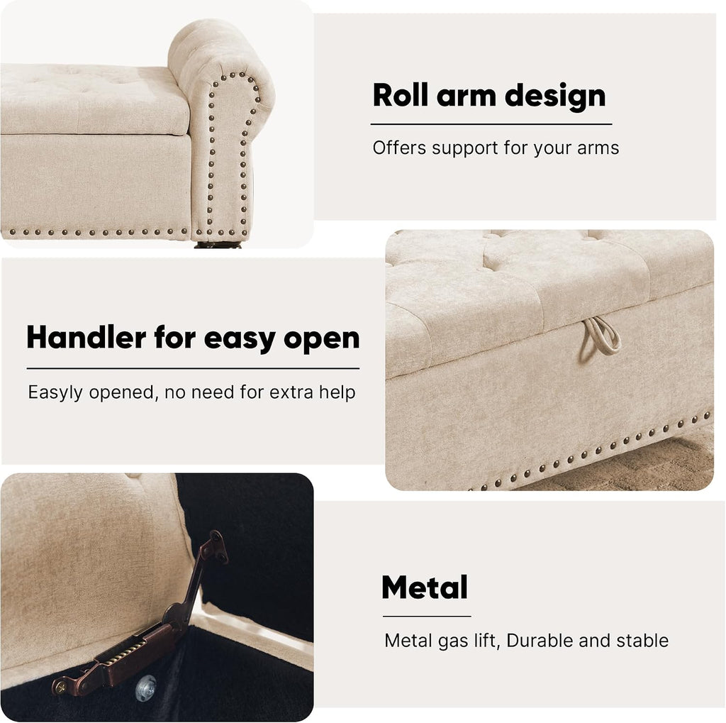 51' Storage Bench for Bedroom, Chenille End of Bed Bench, Queen Size Bench with Rolled Arms, Tufted Storage Ottoman Benches, Upholstered Bench for Bedroom, Living Room, Entryway, Camel