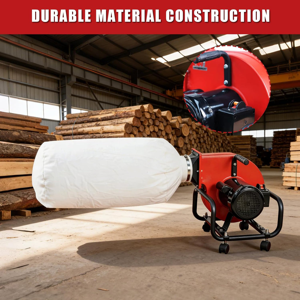 Horizontal Woodworking Dust Collector 750W (1HP) Electric Dust Extraction Machine with 15-Gallon Bag, Mobile Base, Wall Mount for Efficient Workshop and Garage Cleanup