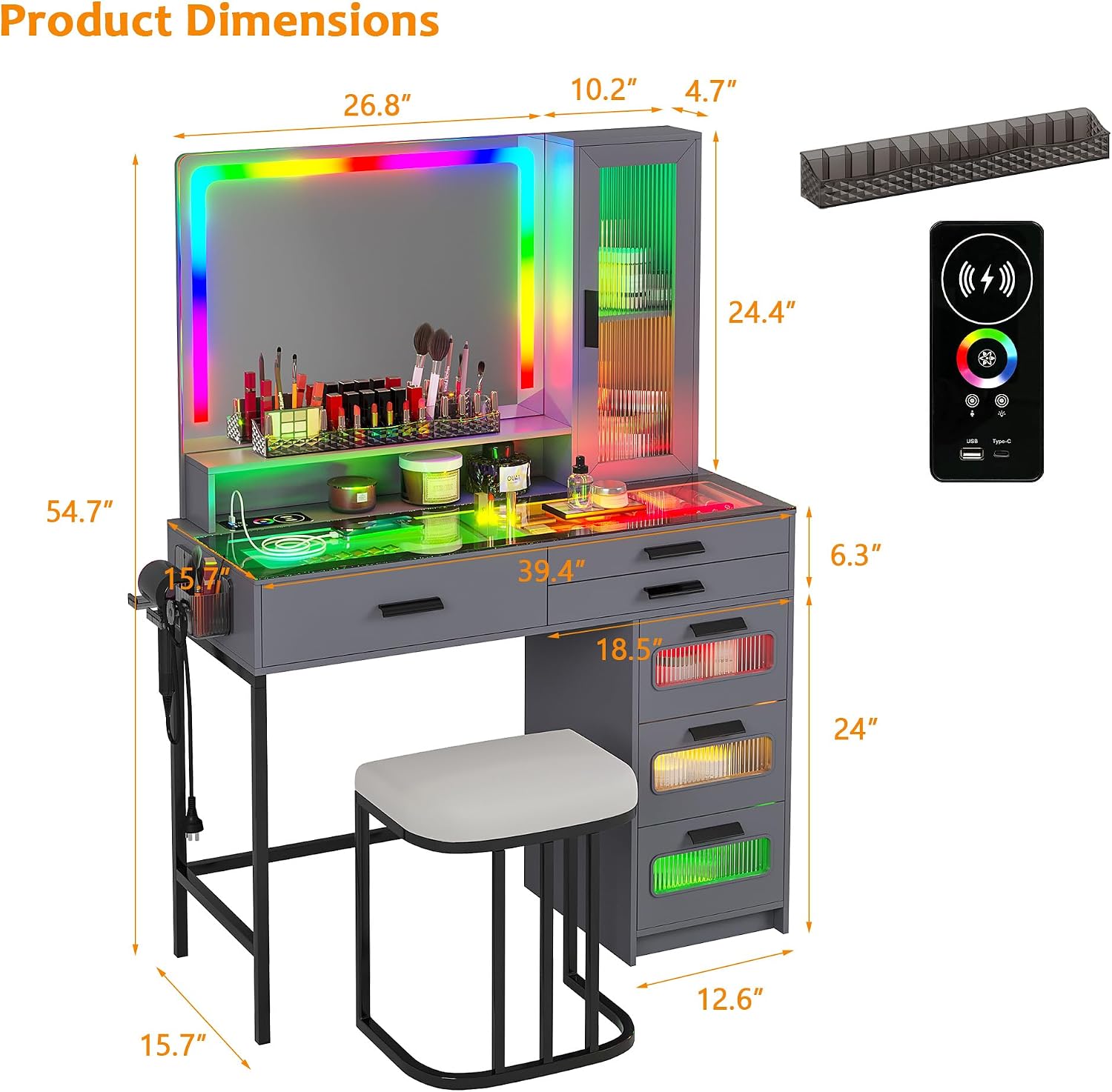 WOOVIVS Vanity with LED Mirror, Makeup Desk with 24 RGB Atuo Lighted Drawers for Bedroom, Glass Top Vanities Table Set with Wireless Charging Station, Chair,Jewelry Organizer for Girls/Women (Grey)