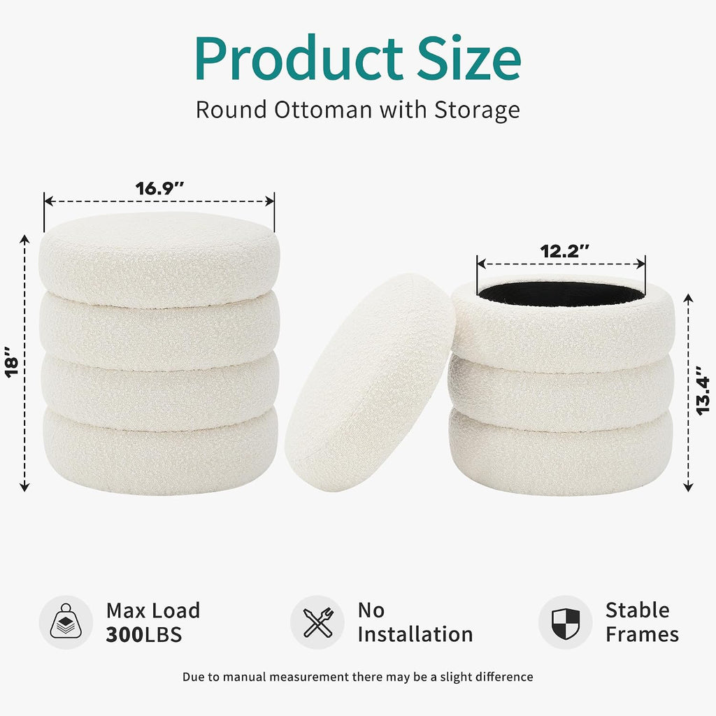 Busaurus Round Ottoman with Storage for Living Room Small Boucle Foot Stool Modern Upholstered Vanity Stool Ottoman Foot Rest for Dorm Corner Home Decor, Set of 1 (White)