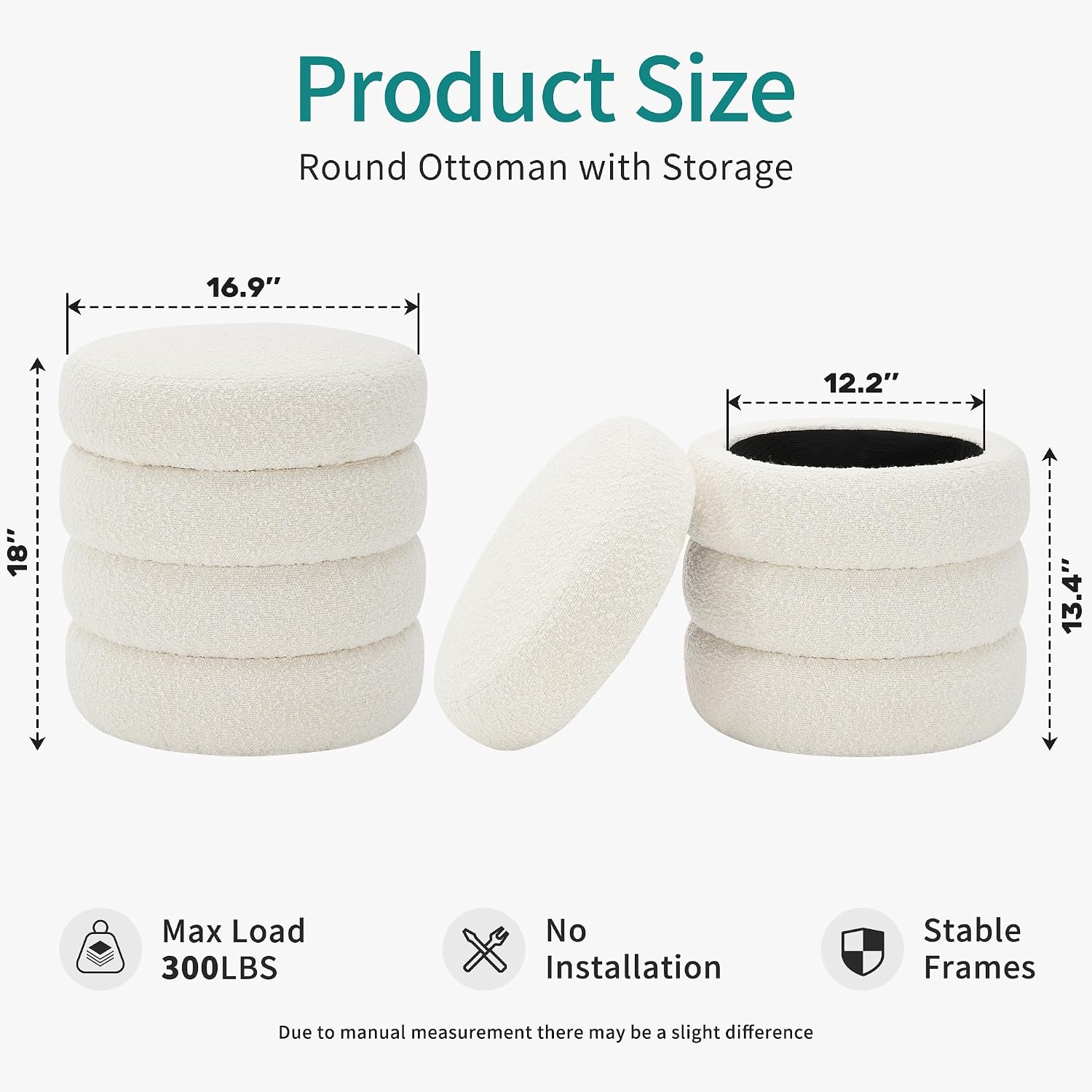 Busaurus Round Ottoman with Storage for Living Room Small Boucle Foot Stool Modern Upholstered Vanity Stool Ottoman Foot Rest for Dorm Corner Home Decor, Set of 1 (White)