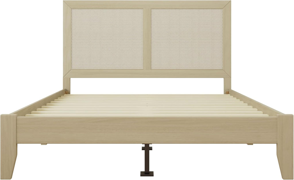 Christopher Knight Home Eudoca Natural Farmhouse Wooden Queen Bed Frame with Woven Rattan Headboard, Rubberwood Platform Bed Frame Queen Size, Rectangular Queen Size Bed Frame, No Box Spring Needed