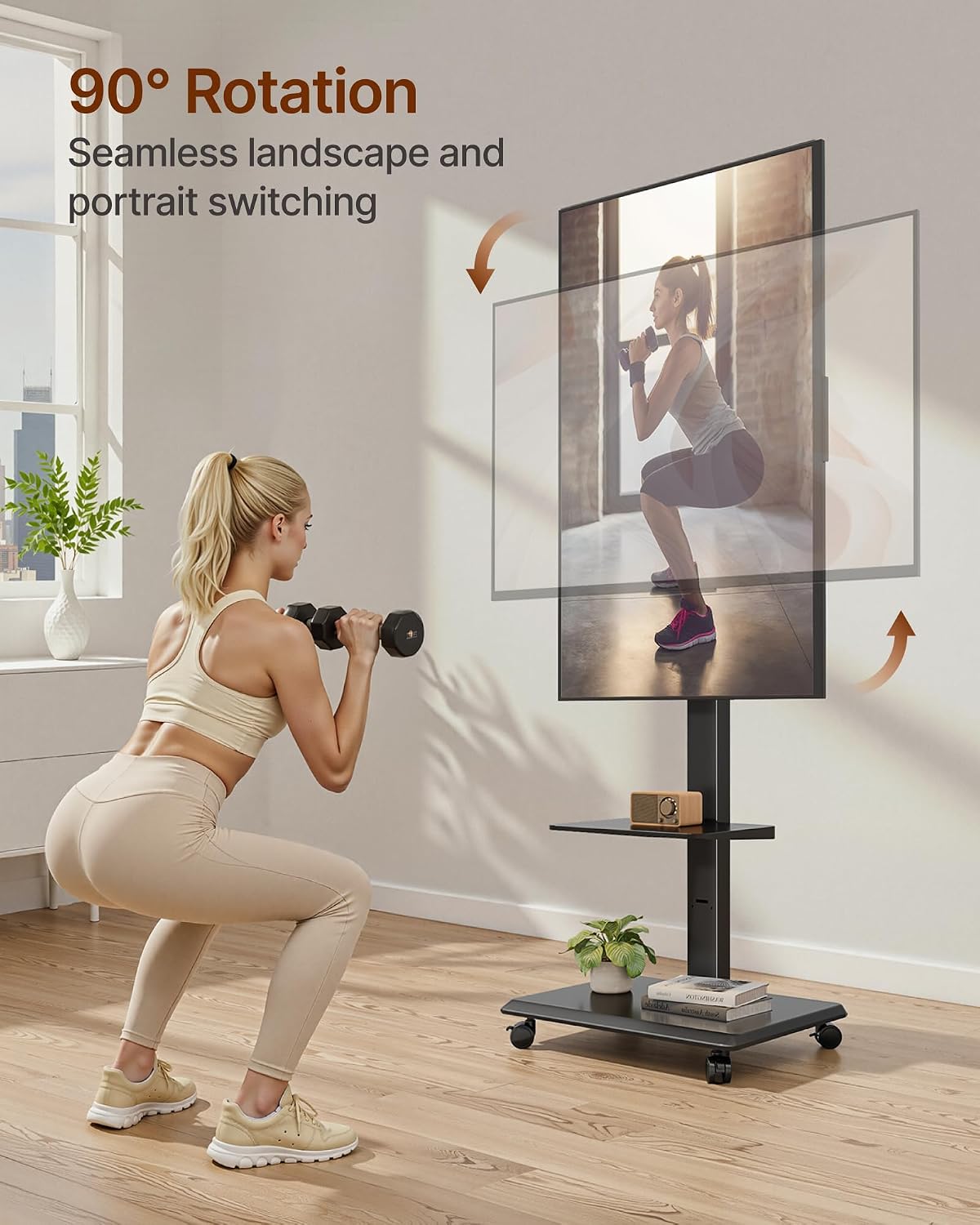 Steel Base Rolling TV Stand for 37-86 Inch TVs up to 110 lbs, Rotating & Tilt & Swivel Mobile TV Stand with Pegboard Storage Panel, Height Adjustable Portable TV Cart with Steel Shelf, Black
