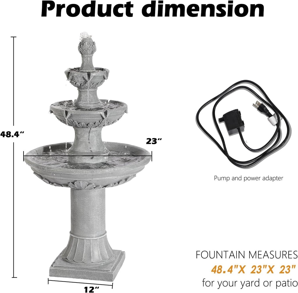 TITIMO 48' High Italian Feature Freestanding Water Fountain Outdoor and Indoor,3-Tier Roman Pillar Waterfalls Fountains for Garden,Patio,Yard,Deck,Backyard,Porch (Gray)