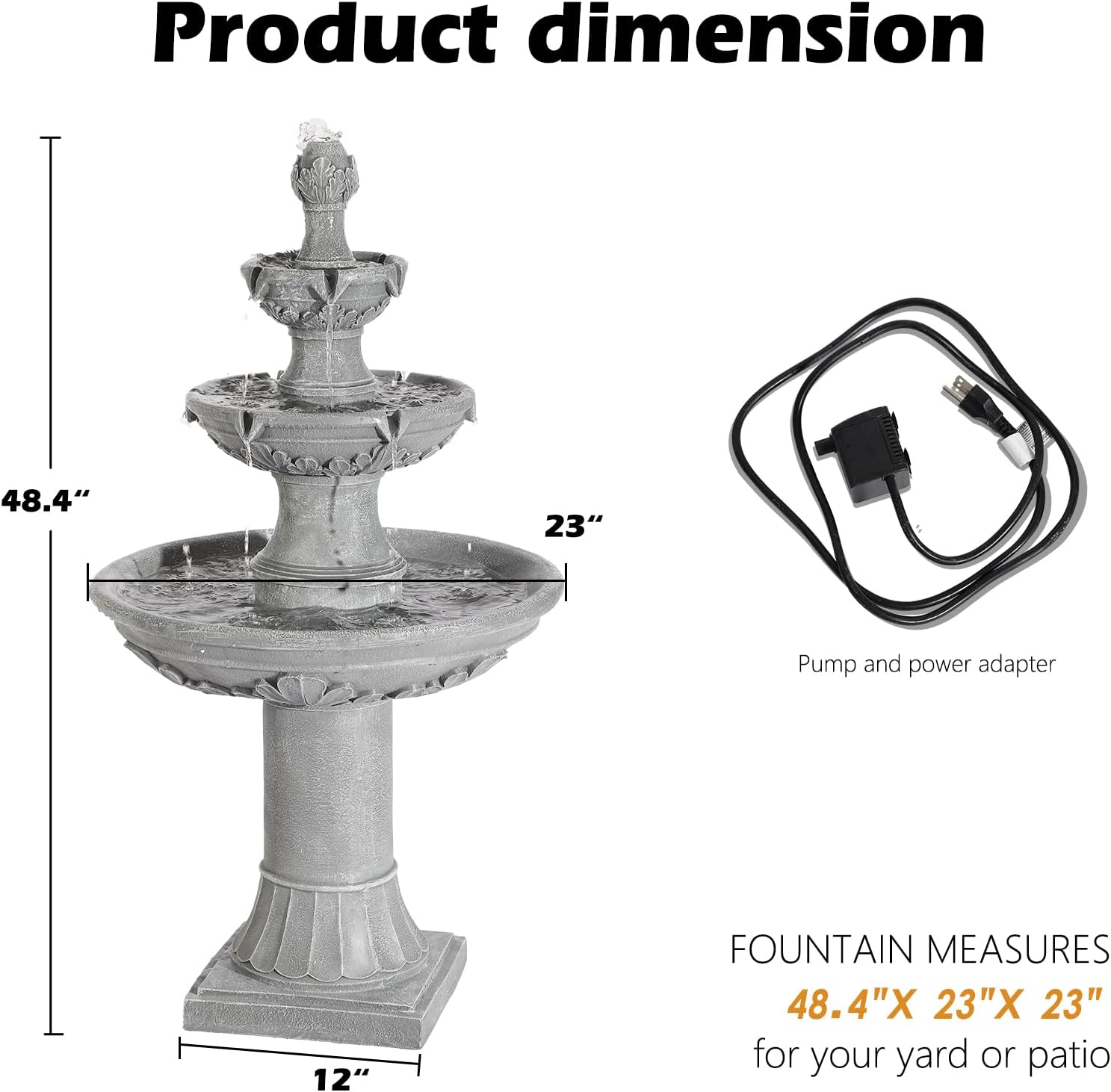 TITIMO 48' High Italian Feature Freestanding Water Fountain Outdoor and Indoor,3-Tier Roman Pillar Waterfalls Fountains for Garden,Patio,Yard,Deck,Backyard,Porch (Gray)