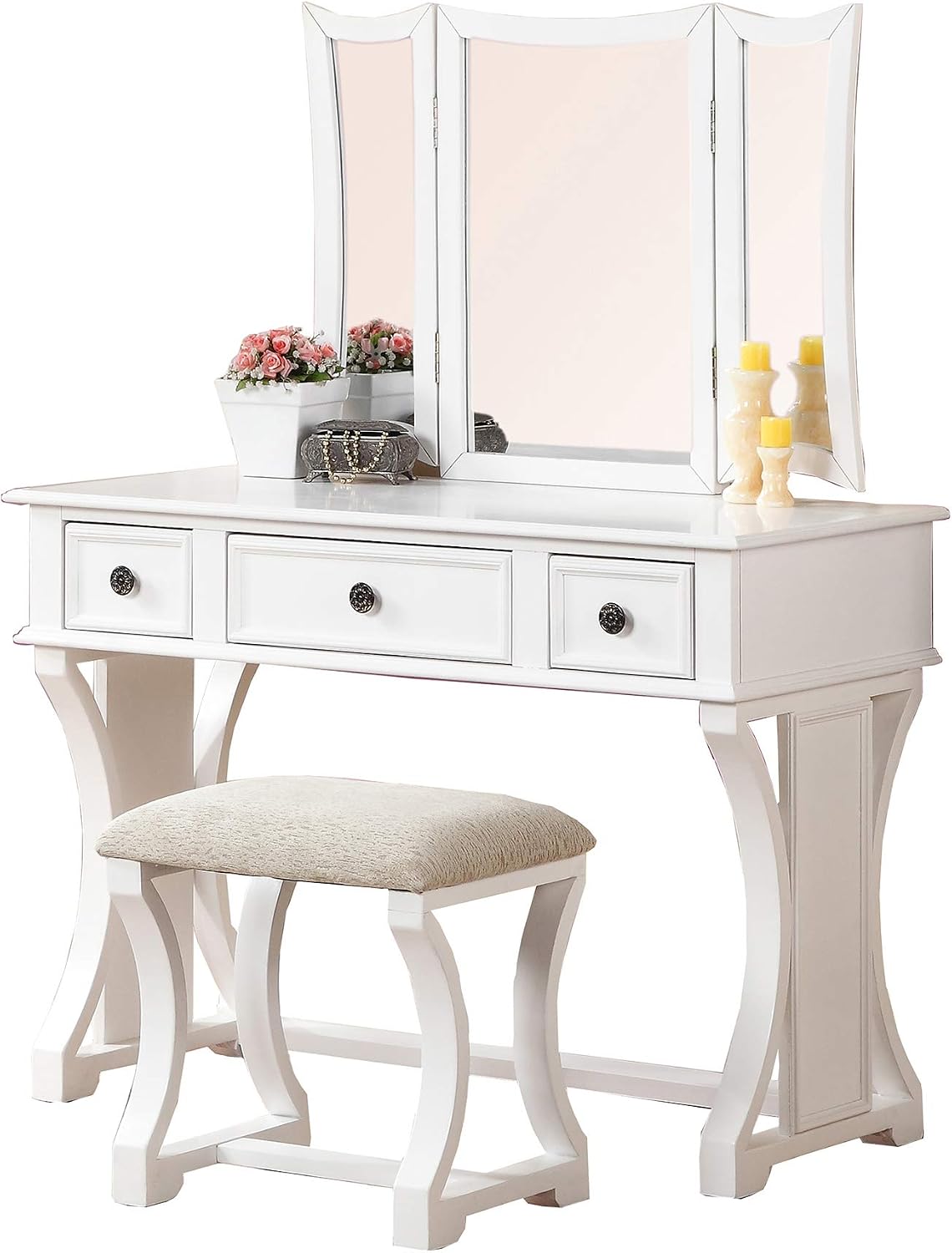 Poundex Bobkona Edna Vanity Set with Stool, White