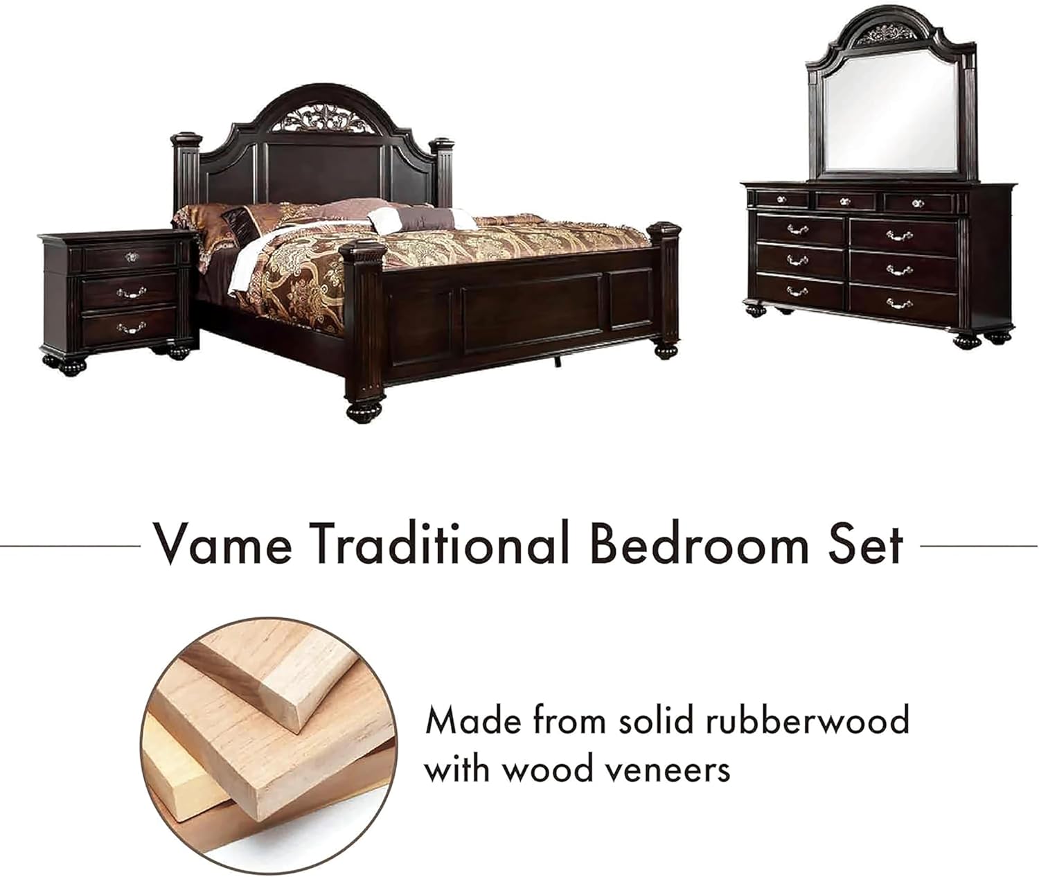 Furniture of America Malierd Transitional Fluted Poster King-Size Panel Bed, Box Spring Required for Bedroom, Guest Room Bed, Dark Walnut Brown
