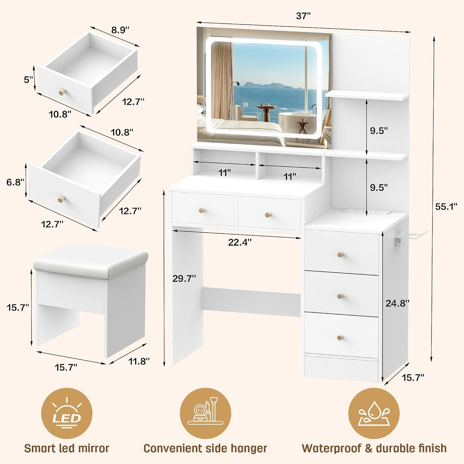 Vanity Desk with Mirror & Lights, Makeup Vanity with 5 Drawers & Cushion Stool, White Vanity Table, 3 Color Modes & Adjustable Brightness, Built-in Power Outlet