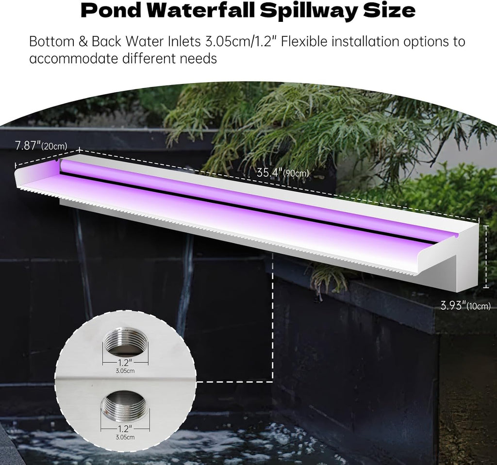 Waterfall Spillway Stainless Steel Pond Waterfalls with Color Changing LED Light, Outdoor Pool Fountain Water Feature Kit for Garden Patio Swimming Pool Koi Ponds Decor-36'x8'x4'