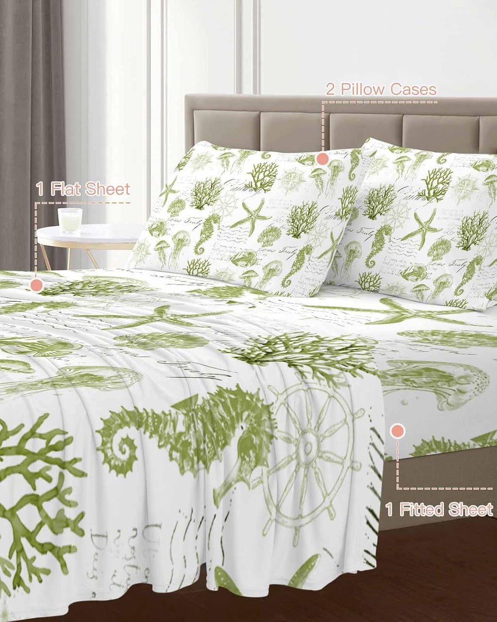 Sage Green Coastal Cal King Sheet Set 4 Piece Bedding - Starfish Jellyfish Fish Coral Shells Breathable Comfy Cooling Bed Sheets & Pillowcase Sets,Hotel Luxury Flat Sheets Deep Pockets Fitted Sheet