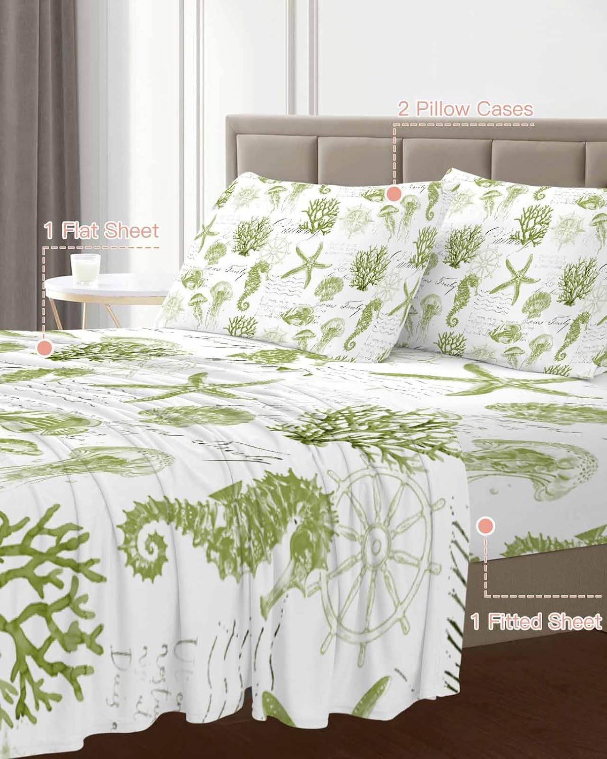 Sage Green Coastal Cal King Sheet Set 4 Piece Bedding - Starfish Jellyfish Fish Coral Shells Breathable Comfy Cooling Bed Sheets & Pillowcase Sets,Hotel Luxury Flat Sheets Deep Pockets Fitted Sheet