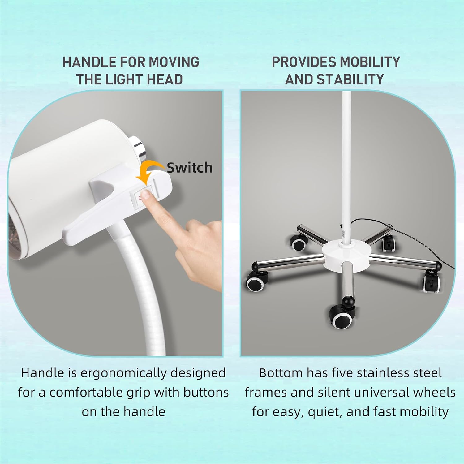 12W LED Medical Examination Light,Mobile Exam Lamp with Stainless Steel 5-Leg Base