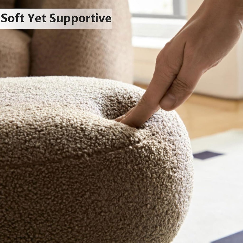 Living Room Ottoman Foot Stool, 17' Round Mid Century Modern Ottoman with Bouclé Teddy Fabric & Solid Wood Legs, Entryway Foot Rest for Couch, Vanity Seat, Bedroom Bench (Camel)