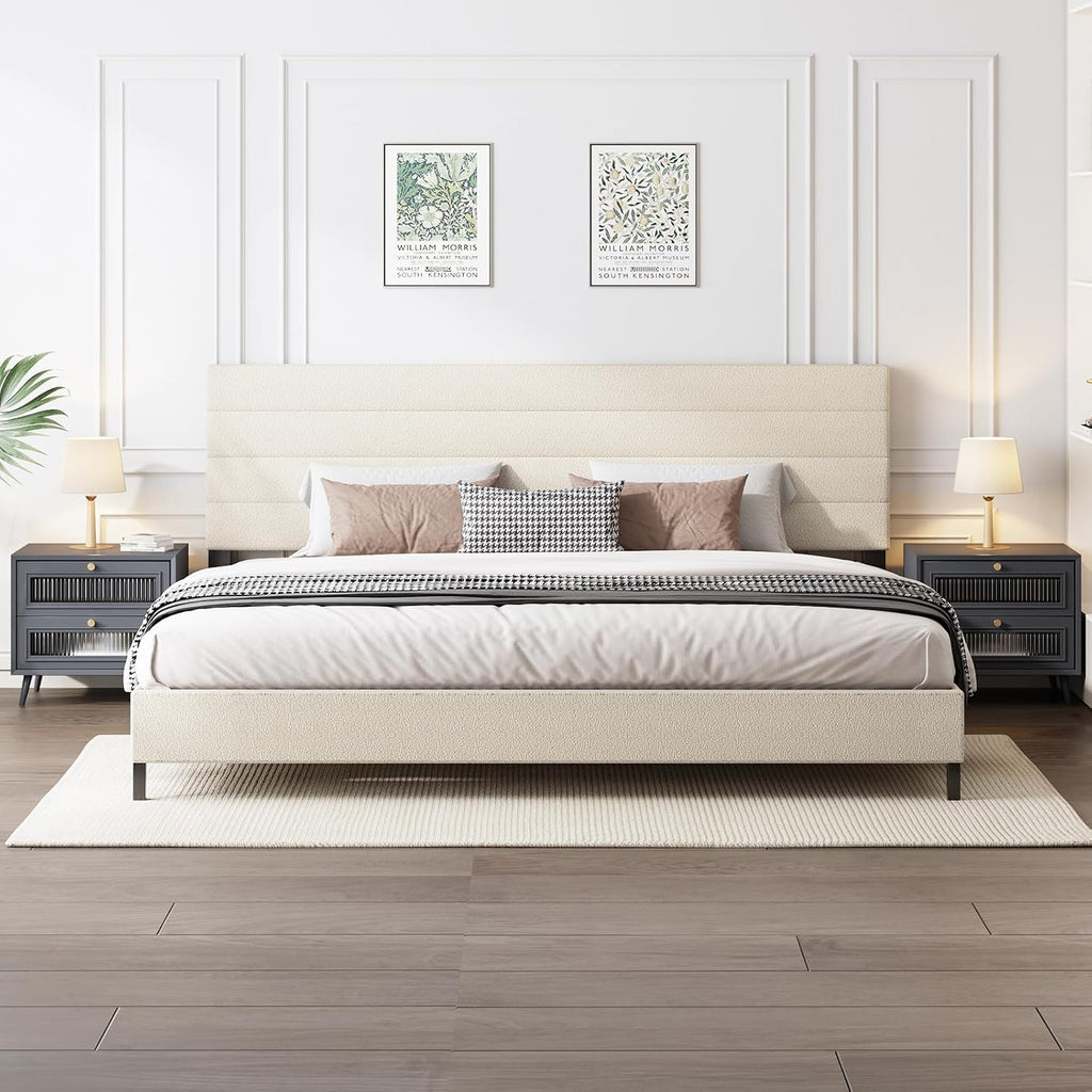 Furnihome King Size Bed Frame, Modern Sherpa Upholstered Bed Frame King with Adjustable Headboard, Wooden Slats Support Platform, No Box Spring Needed,Easy Assembly,Cream