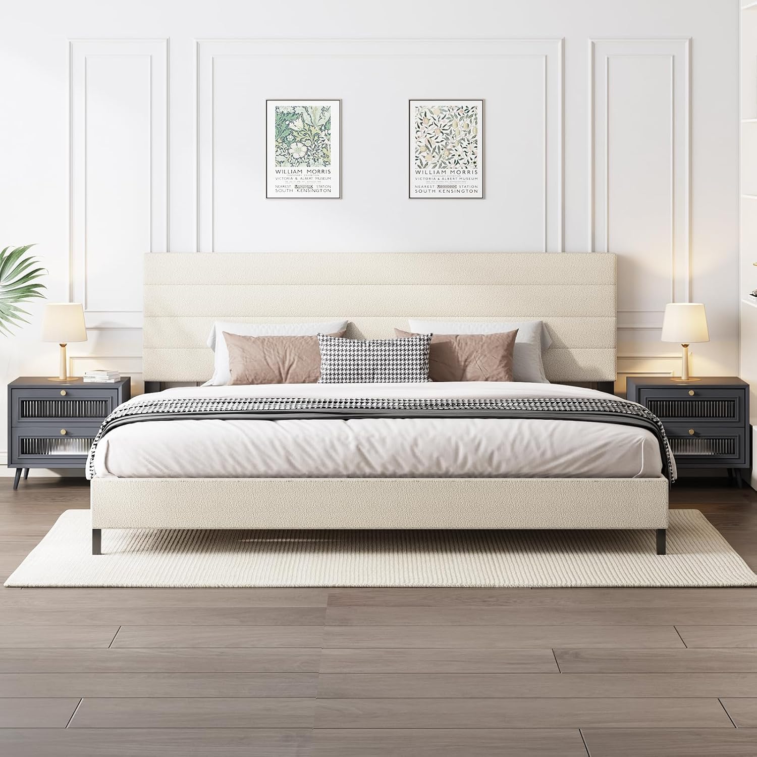 Furnihome King Size Bed Frame, Modern Sherpa Upholstered Bed Frame King with Adjustable Headboard, Wooden Slats Support Platform, No Box Spring Needed,Easy Assembly,Cream