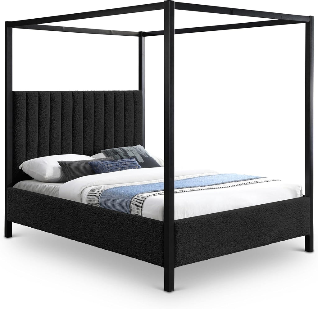 Meridian Furniture KellyBlack-Q Kelly Collection Modern | Contemporary Queen Bed with Rich Black Boucle Fabric, Matte Black Iron Metal Frame Canopy, 62.5' W x 84.5' D x 77' H, Black, Queen