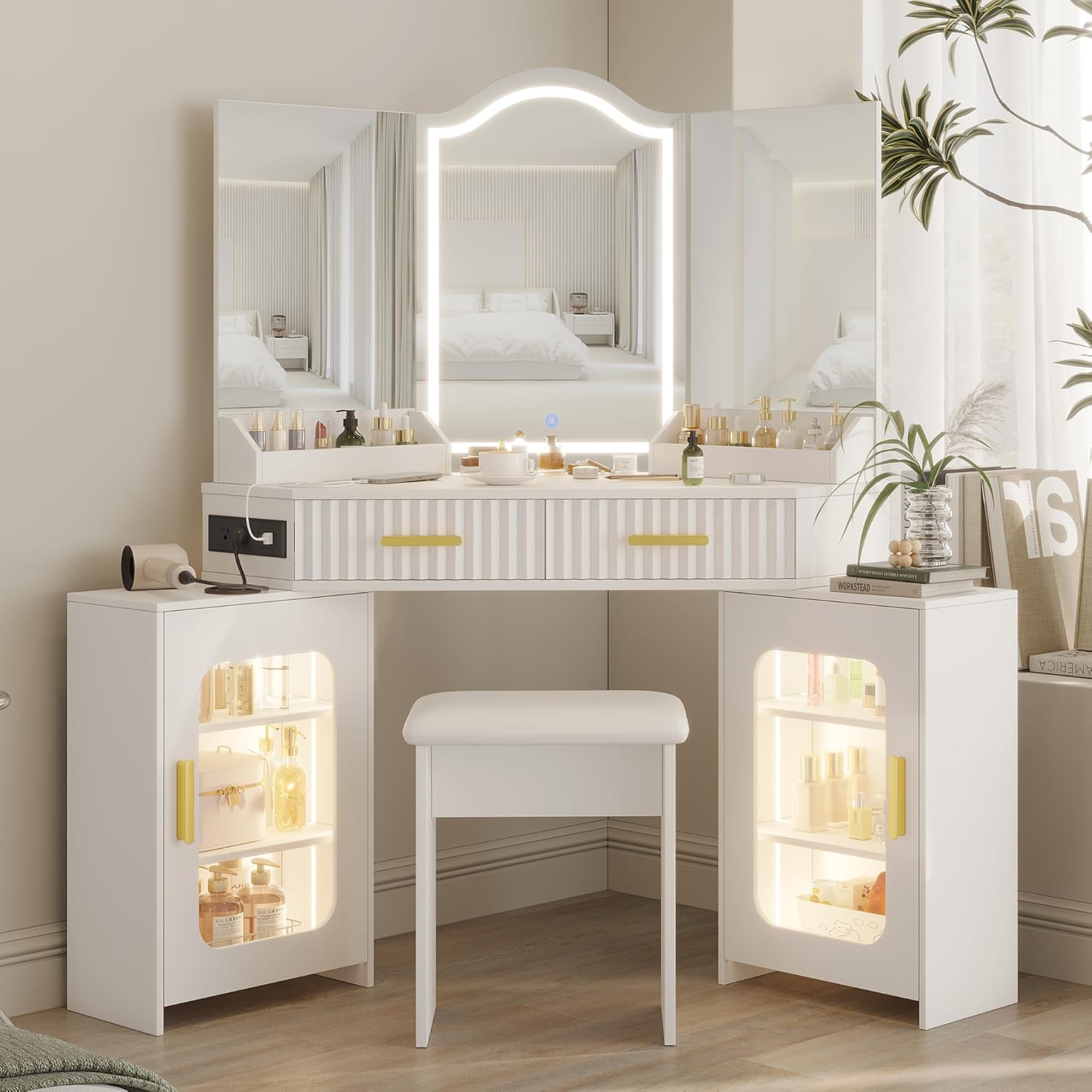 Corner Vanity Desk with 3 Way Mirror & LED Lights, Makeup Table Set with Charging Station, Storage Drawers & Side Cabinets, Modern Bedroom Dressing Table for Women & Girls Birthday Gift