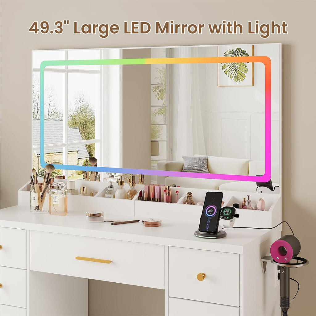 LAKEMID Makeup Vanity Desk with Large Mirror and Lights,43.3in Makeup Vanity with 7 Drawers,Modern Vanity Table with Charging Station,Adjustable RGB Lighting,Dressing Table for Bedroom Women(White)