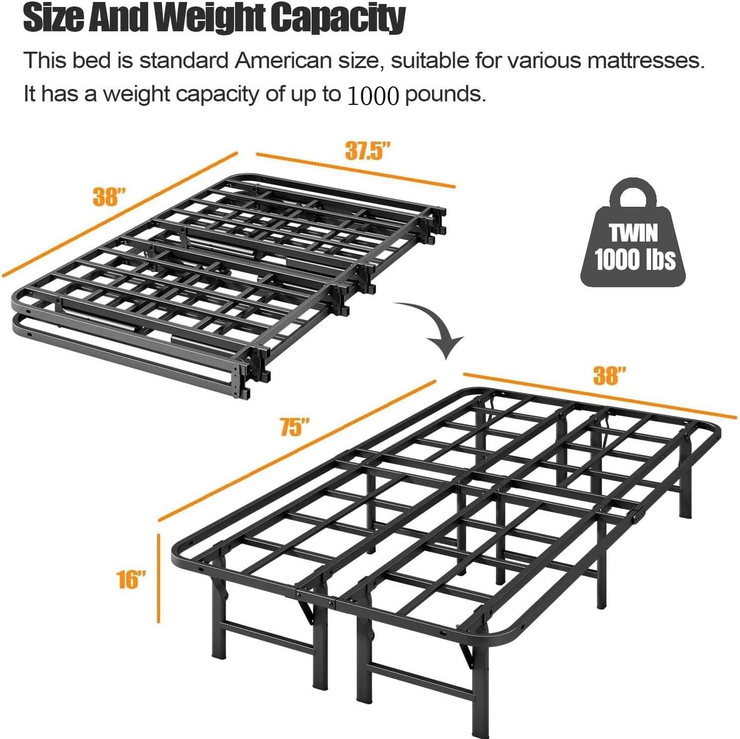 ZIYOO Twin Folding Bed Frames, 16 Inch High Heavy Duty Mattress Foundation, Metal Platform Bed Frame Twin, No Box Spring Needed, Qiuck Assembly, Noise Free, Black