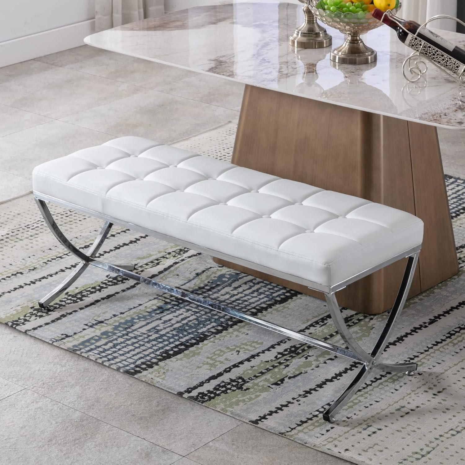 LukeAlon Modern PU Leather Dining Bench, Button Tufted Ottoman Bench with X-Shape Chrome Finish Upholstered End of Bed Bench Comfy Entryway Bench for Bedroom Kitchen, White