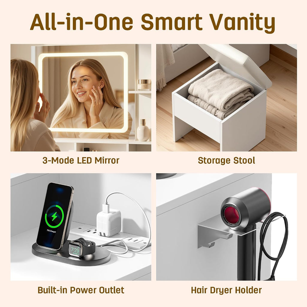 Vanity Desk with Mirror & Lights, Makeup Vanity with 5 Drawers & Cushion Stool, White Vanity Table, 3 Color Modes & Adjustable Brightness, Built-in Power Outlet