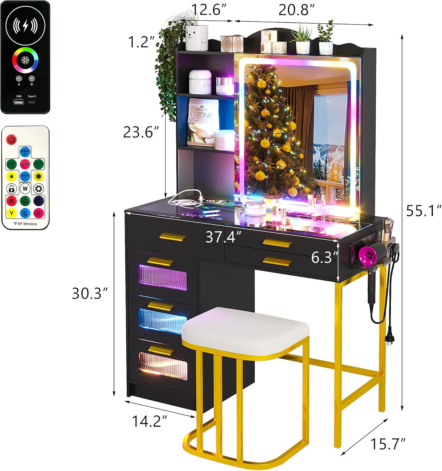 HENBC Vanity Desk with Sliding Mirror and Glass Desktop, LED Vanitys Mirror with RGB Lights Desk and Chair, Dressers Table Set with Charging Station/Makeup Organizer/6 Drawers for Bedroom(Black)