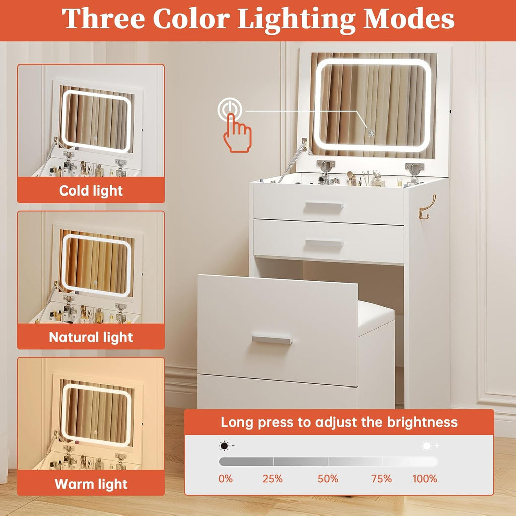 3 in 1 Vanity Desk with Flip Top Mirror, Compact Vanity with 3 Drawers, Makeup Desk with 3 Colors Lights and Storage Cushioned Stool, Dressing Table Nightstand Perfect for Bedroom, White