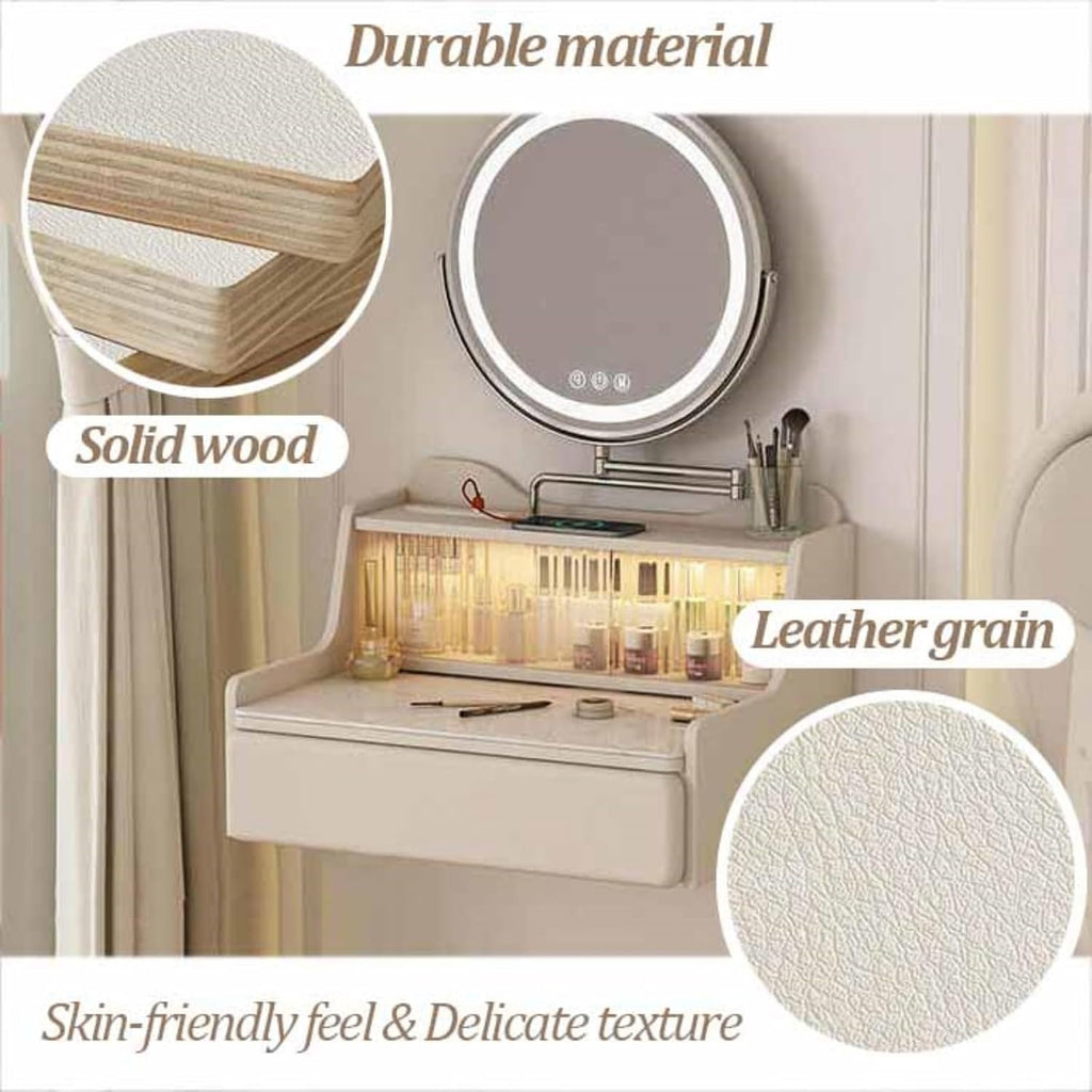 Floating Vanity Makeup Table, Wall-Mounted Desk Vanity, Floating Corner Desk with Retractable Rock Tabletop, Solid Wood Hanging Nightstand, LED Sensor Light(70cm)