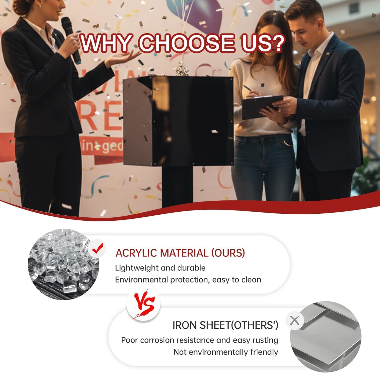 Extra Large Acrylic Raffle Box with Mobile Base & Locking Casters, 39.6' Tall, 13.8' Cube, Thickened Ticket Box with Lock for Lottery Games, Bingo, Raffle Balls