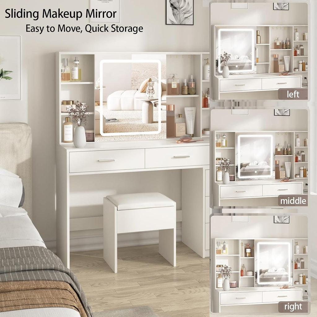 Fameill Vanity Desk with Mirror and Lights, Makeup Vanity with 5 Drawers, Makeup Desk with Charging Station and Ample Storage, Dressing Table with Chair for Bedroom Room (White)
