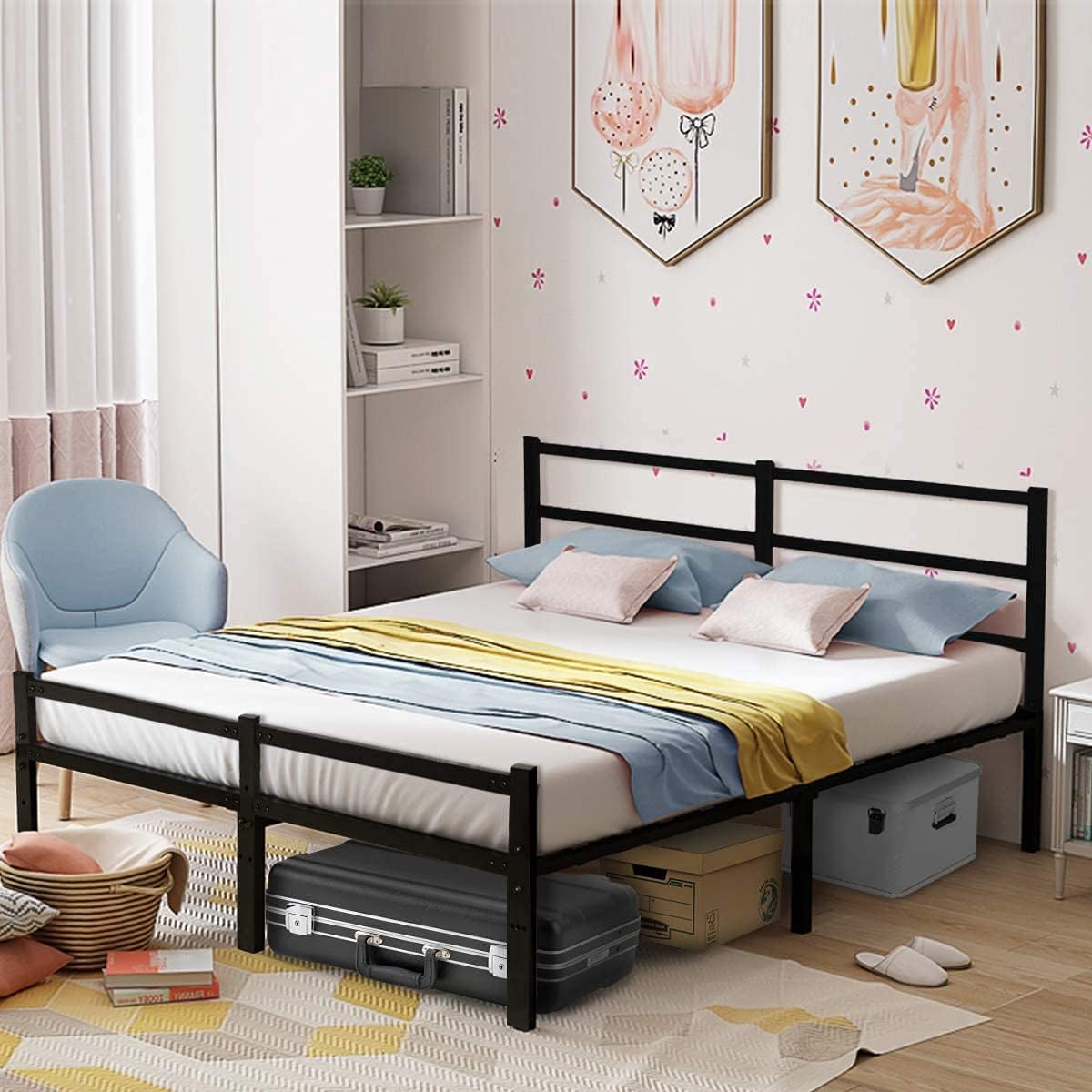 AKSG Queen Bed Frame with Headboard 14 Inch Platform Bed Frame No Box Spring Needed Metal Queen Size Bed Frame with Storage Heavy Duty Steel Slat Black