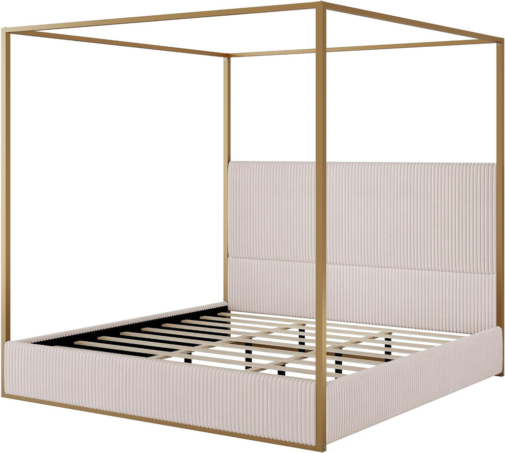 LUMISOL King Size Upholstered Canopy Bed Frame, 4 Poster Metal Canopy Bed with Tall Corduroy Headboard, Modern Canopy Platform Bed Frame, No Box Spring Needed, Gold Beige