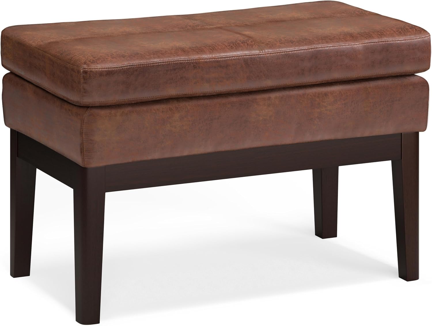 SIMPLIHOME Carlson Small Ottoman Bench - 27 inch Wide Upholstered Woven Fabric Rectangle Ottoman in Distressed Saddle Brown, Mid Century Modern Bench for Bedroom or Living Room with Padded Seat