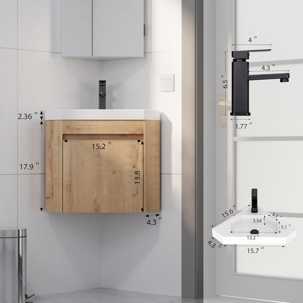 eclife 22' Corner Bathroom Vanity Sink Combo for Small Space Wall Mounted Floating Cabinet with White Resin Sink and Matte Black Faucet, Natural