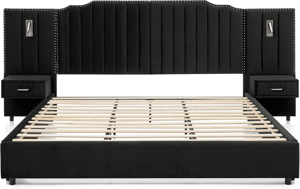 Velvet Upholstered King Size Platform Bed Frame with 48' Tall Headboard, Built-in Nightstands & Storage Drawers, No Box Spring Needed, Modern Black Bedroom Furniture Set (Black, King)