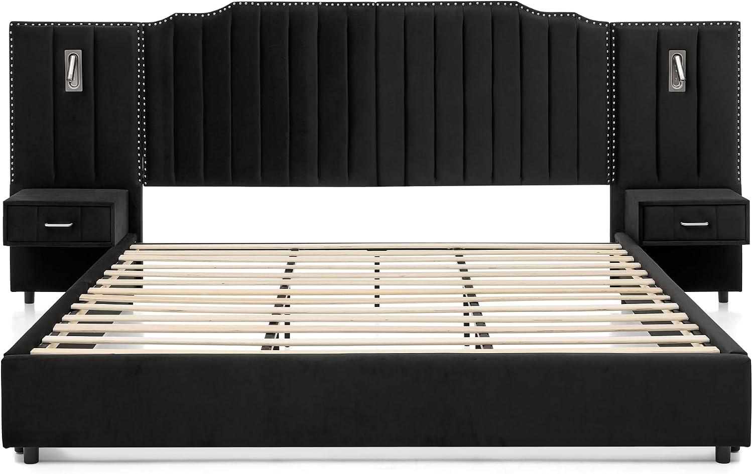 Velvet Upholstered King Size Platform Bed Frame with 48' Tall Headboard, Built-in Nightstands & Storage Drawers, No Box Spring Needed, Modern Black Bedroom Furniture Set (Black, King)