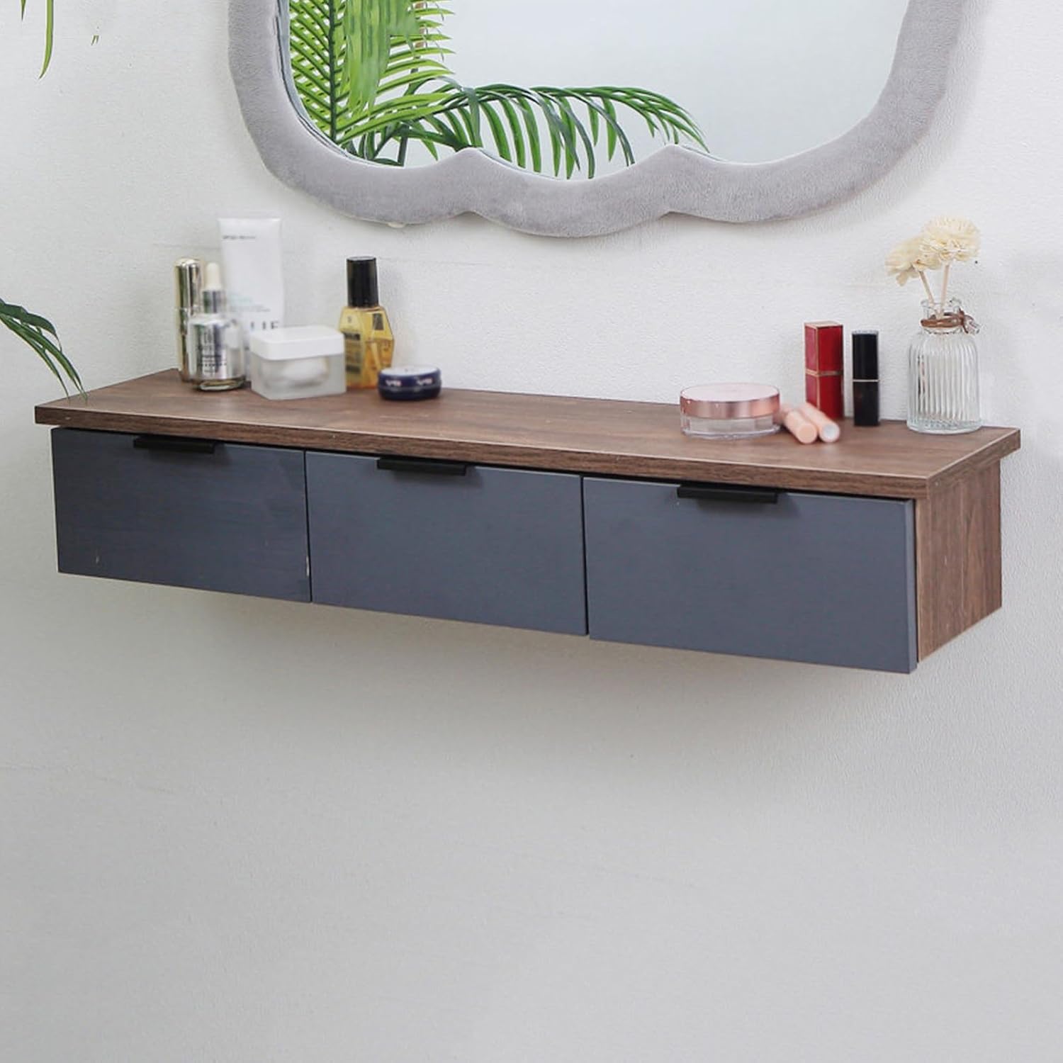 80cm Floating Vanity Makeup Table with 3 Drawers, Wall-Mounted Wood Makeup Desk, Modern Corner Space-Saving Desk or Nightstand, for Bedroom(E)